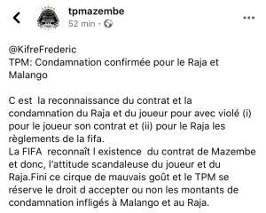 تدوينة الفريق الكونغولي مازيمبي حول قضية مالانغو